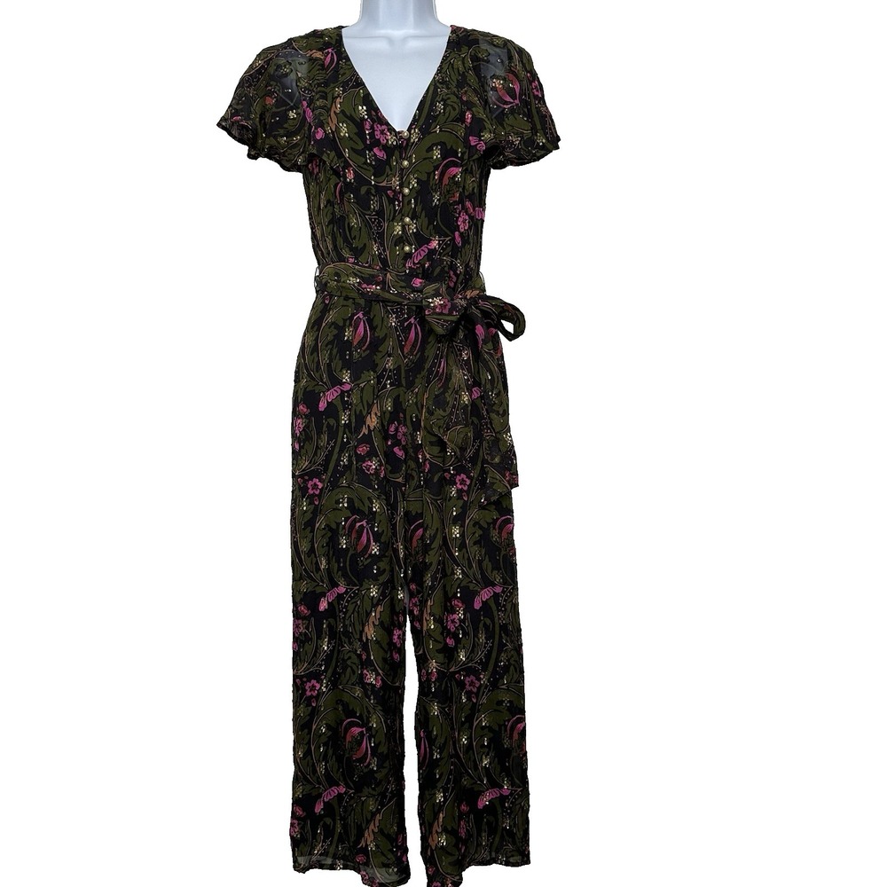 Ett Twa Anthropologie Brenda Jumpsuit Size 0 Green Gold Floral Flutter Sleeve